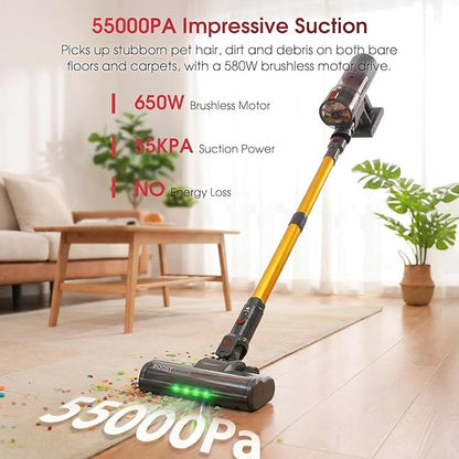Cordless Vacuum Cleaner, 650W 55KPA 70Mins Stick Vacuum Cleaners for Home, Anti-Tangle Vacuum Cordless with Touch Screen and 1.8L Cup, Self-Standing Vacuum Cleaner for Home/Pet Hair/Carpets/Floors