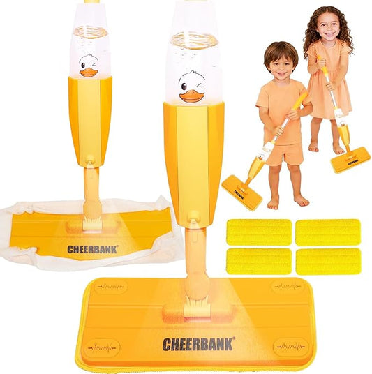 2PACK Toddlers Spray Mop (Real Works), No Batteries, Endless Fun| Kids Cleaning Set, Mini Mop for Age 2-5 Year| Montessori Toy Gifts for Baby Boys Girls, Fine Motor Skill (4 Washable Pads)