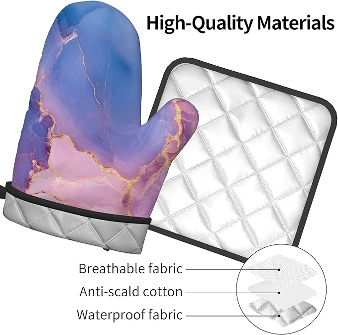 Oven Mitt and Pot Holders Sets - Marble Kitchen Mitts Decorative Purple Pink Oven Gloves Hot Pads Set of 2 for Cooking Baking Grilling