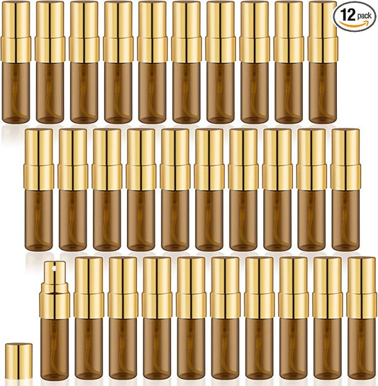 30 Pack Empty Mini Glass Spray Bottle Refillable Fine Mist Perfume Atomizer Portable Travel Sample Spray Bottles Containers For Perfume Essential Oils Cosmetics Liquid (amber bottle, 3ml)