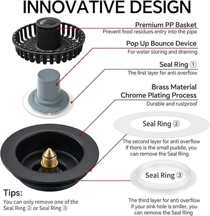 Kitchen Sink Stopper, 3 in 1 Pop Up Kitchen Sink Drain Strainer, with an Extra Basket Strainer, Sink Drain Stopper for US Standard 3-1/2 Inch, Brass Material Electroplate (Black)