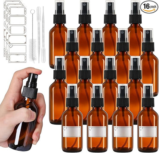 Jaisie.W 16 Pack 2oz Amber Glass Spray Bottles with Fine Mist Sprayer, Small Empty Refillable Containers for Essential Oils, Perfumes, Travel, Cleaning – Includes Labels, Droppers & Brush