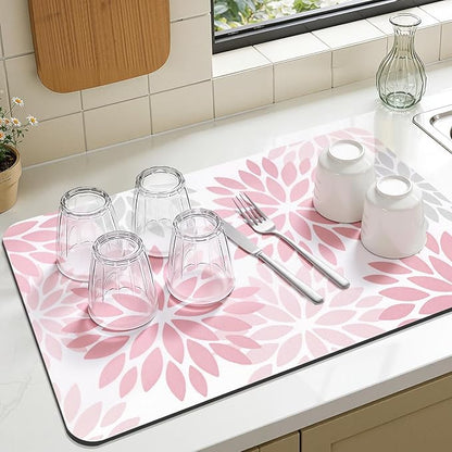Findosom Floral Dish Drying Mat, 12" x 20" Super Absorbent & Hide Stain Coffee Mat, Cuttable Drying Mat for Kitchen Counter, Under Dish Rack, Coffee Maker, Espresso Machine, Pink