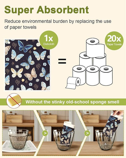 Miss Adola 8 Pack Reusable Kitchen Swedish Dishcloths for Washing Dishes Cloths Absorbent Fast Drying Cleaning Sponge Cute Decorate Washable Swedish Towels, Butterfly