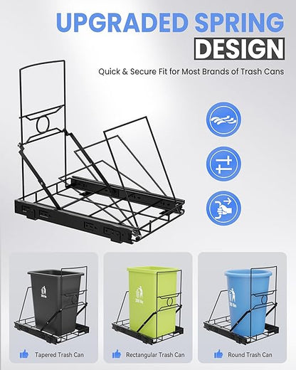 Stainless Steel Slide-Out Trash Bin Rack, Enhanced Heavy-Duty Cabinet Pull-Out System for 7–11 Gallon Cans, Black (Bin Not Included)