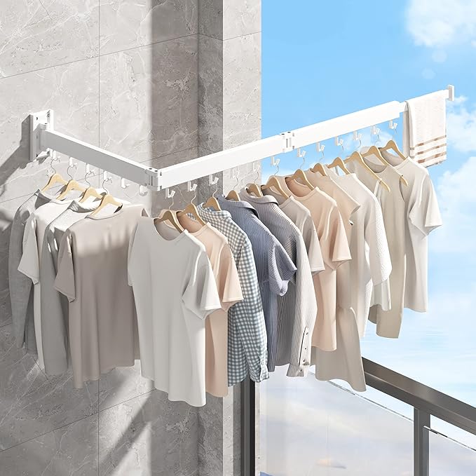 LIENAHU Wall Mounted Clothes Drying Rack, Collapsible, Folding, Retractable - Clothes Hanging Rack (Hooks, White)