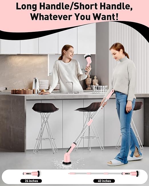 Shower Scrubber with Long Handle, Bathroom Cleaner Brush with 8 Brush Heads, Cordless Electric Spin Scrubber for Cleaning with 2 Speed, Cleaning Supplies for Bathtub Kitchen Floor Tile Toilet