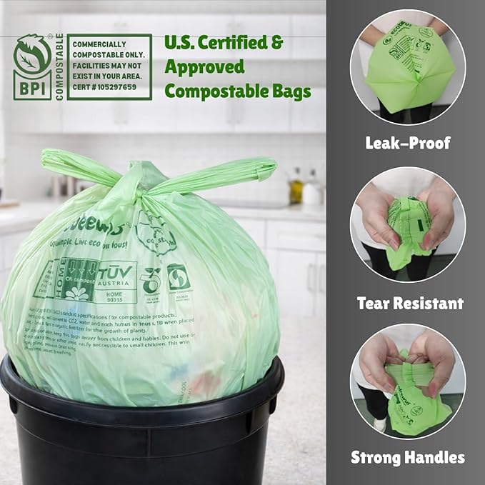 1.6 Gallon 100% Compostable Food Scrap Bags Handle Tie (120 Bags) Small Trash Bags Kitchen Garbage Bags US BPI Certified TUV OK Compost Home Certified Meeting ASTM D6400 (120 ct.)