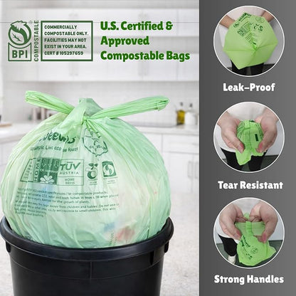1.6 Gallon 100% Compostable Food Scrap Bags Handle Tie (120 Bags) Small Trash Bags Kitchen Garbage Bags US BPI Certified TUV OK Compost Home Certified Meeting ASTM D6400 (120 ct.)