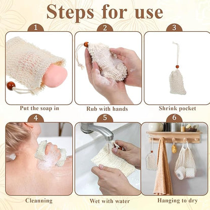 Soap Bag 10 Pcs Natural Sisal Soap Saver Bags Mesh Net Saver Pouch Exfoliating Foaming Drying Soaps Holder Handmade Bag with Drawstring for Bath Shower Massaging and Scrubbing