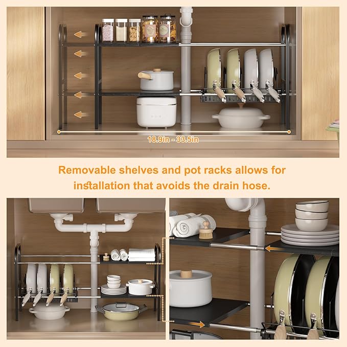 Under Sink Organizer 2 Tier Kitchen Storage Rack, Expandable Pot and Pan Organizer with Adjustable Height & 4 Dividers, Removable Kitchen Shelf for Cabinet, Countertop(4panels,1 Pot rack, Black)