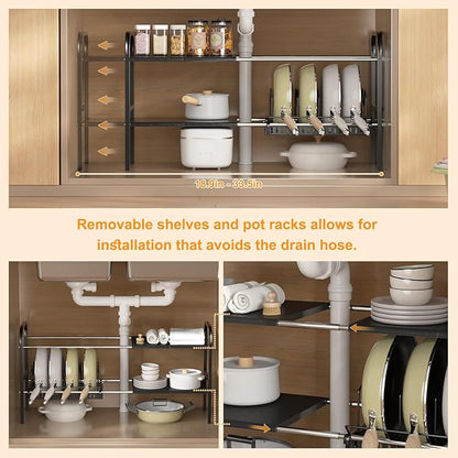 Under Sink Organizer 2 Tier Kitchen Storage Rack, Expandable Pot and Pan Organizer with Adjustable Height & 4 Dividers, Removable Kitchen Shelf for Cabinet, Countertop(4panels,1 Pot rack, Black)