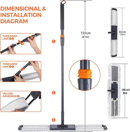 Dust Mop for Hardwood Floors 36 inch Commercial Industrial Floor Dust Mop with Extra 3 Mop Refill Pads 61 Inch Long Handle for Cleaning Office Garage Hardwood Warehouse Factory Mall Deck