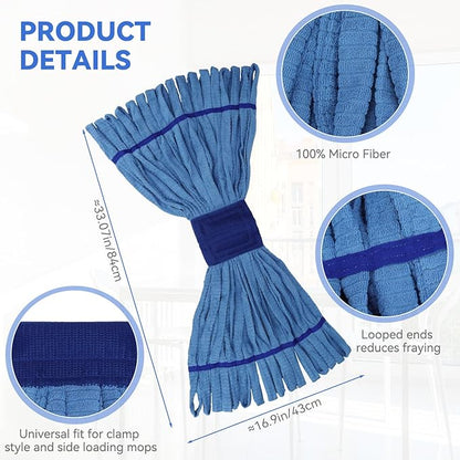 Heavy Duty Commercial Mop Head Replacement Microfiber Tube Mop Heads for Floor Cleaning: 3 Packs Looped End Wet Mop Head Refill for Home Commercial Industrial Use (Blue)