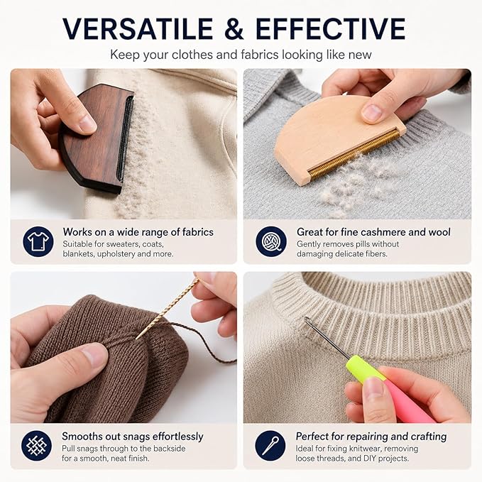 Cashmere Combs, Sweater De-Pilling Tool, Pill Remover, Include Wool Comb, Snag Repair Needles and Latch Hooks, Complete Garment Repair Kit