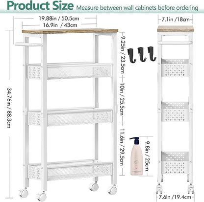 Vivihomety Utility Slim Storage Cart, 4 Tier Small Rolling Kitchen Laundry Room Cart with Wood Top, Metal Bathroom Storage Cabinet Mobile Shelf Unit Organizer Trolley with Handle for Narrow Space