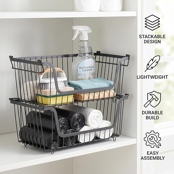 2 Pack Trash Bag Dispenser, Stackable Garbage Bag Holder Cleaning Supplies Organizer, Space-Saving Under Sink Organizer, Metal Wire Storage Basket for Laundry Room Kitchen Pantry Storage