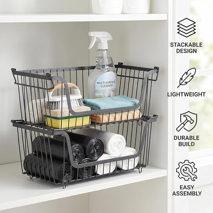 2 Pack Trash Bag Dispenser, Stackable Garbage Bag Holder Cleaning Supplies Organizer, Space-Saving Under Sink Organizer, Metal Wire Storage Basket for Laundry Room Kitchen Pantry Storage