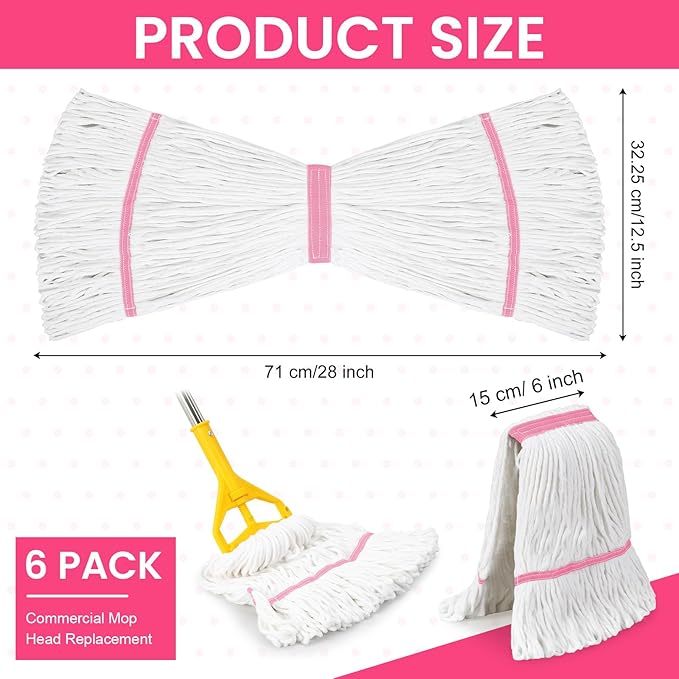 Eccliy 6 Pack Mop Heads Replacement Commercial Industrial Mop Heads Heavy Loop End Cotton String Heavy Duty Refills Wet Washable Refills for Home General Floor Cleaning (White,Pink)