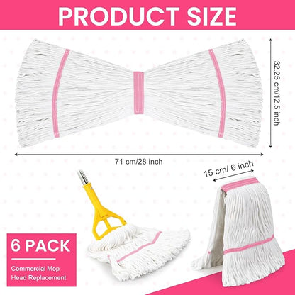 Eccliy 6 Pack Mop Heads Replacement Commercial Industrial Mop Heads Heavy Loop End Cotton String Heavy Duty Refills Wet Washable Refills for Home General Floor Cleaning (White,Pink)
