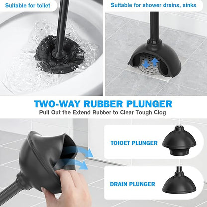 Toilet Plunger and Brush Set, Bowl Brush and Heavy Duty Toilet Plunger with Ventilated Holder, 2-in-1 Toilet Brush and Plunger Combo for Bathroom Deeply Cleaning（Black