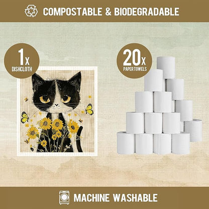 Cat Swedish Dishcloths for Kitchen Dish Towels,Cellulose Sponge Cloths,Non Scratch Reusable Paper Towels, Biodegradable and Reusable Kitchen Dish Rags