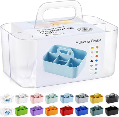 Multiuse Caddy Organizer with Handle, Portable Plastic Tote Bin - Art Craft, Stationary Pen Marker Crayons, Makeup Hair Supplies Storage - Bathroom, Classroom, Dorm, Office, Desk Holder -Frosted Clear