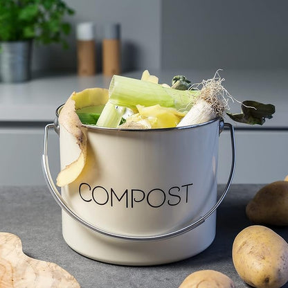 Navaris Compost Bin for Kitchen Counter - 0.8 Gallon (3L) Metal Countertop Indoor Composter Bucket with Charcoal Filters and Lid - Cream, Size Small