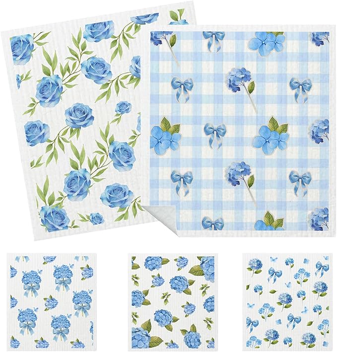 5 Pack Mixed Watercolor Hydrangea Kitchen Dishcloths Dish Towels, Blue Hydrangea Dish Towels for Kitchen, Swedish Dishcloth, Paper Towels Reusable, Dish Cloth Towel Cleaning Wipe for Home Party