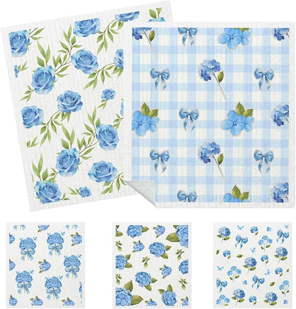5 Pack Mixed Watercolor Hydrangea Kitchen Dishcloths Dish Towels, Blue Hydrangea Dish Towels for Kitchen, Swedish Dishcloth, Paper Towels Reusable, Dish Cloth Towel Cleaning Wipe for Home Party