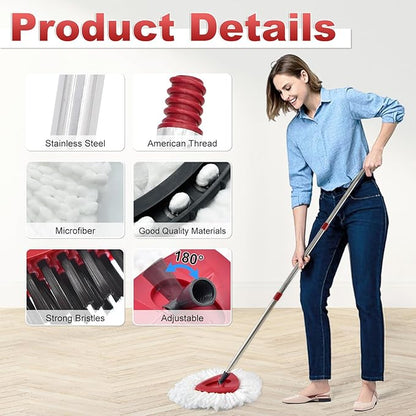 Mop Head Replacement, Base, Mop Handle for Ocedar EasyWring 1-Tank System, 2 Microfiber Mop Refills, Extendable Length 30-59" Mop Handle, Base and Scrubber for All Hard-surfaced Floor