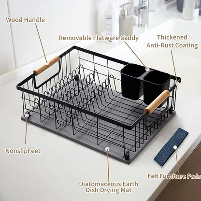 Dish Drying Rack with Stone Dish Drying Mat for Kitchen Counter, Dish Drainer with Diatomaceous Earth Quick Dry Mat, Organization and Storage Essentials with Cup & Cutlery Holders