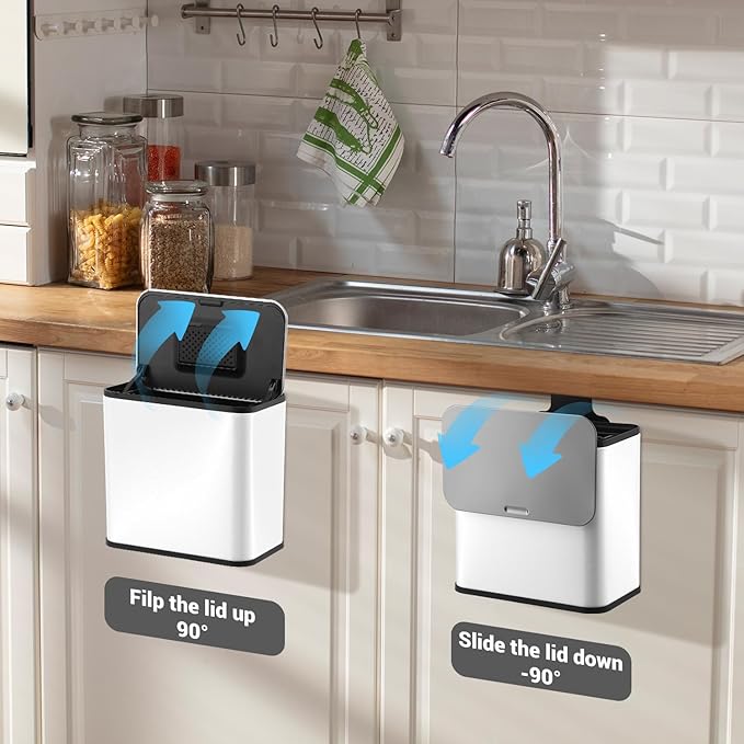 GarveeHome 1.3 gal/5L Countertop Compost Bin with Lid, Hanging Small Trash Can with Odor Control Charcoal Filter ＆ Bucket Under Sink for Kitchen, Hanging/Wall Mounted/Standing Food Waste Bin, White