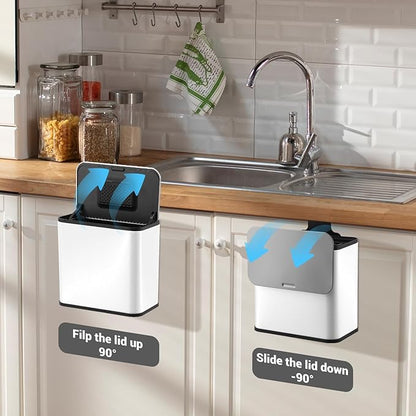 GarveeHome 1.3 gal/5L Countertop Compost Bin with Lid, Hanging Small Trash Can with Odor Control Charcoal Filter ＆ Bucket Under Sink for Kitchen, Hanging/Wall Mounted/Standing Food Waste Bin, White