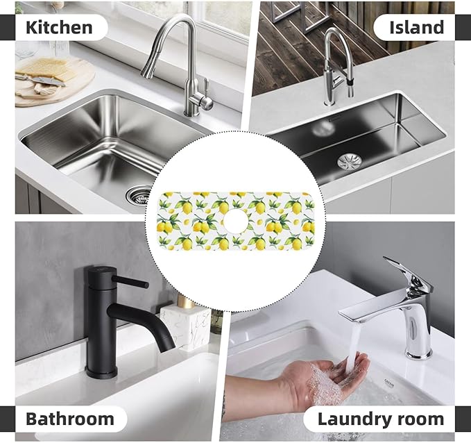Yellow Lemon Green Leaves Kitchen Sink Splash Guard Faucet Mat Super Absorbent Fast Drying Mat Sink Gadgets-Fast Drying Pad Sink Mat For Kitchen Bathroom (15" X 5.5" )