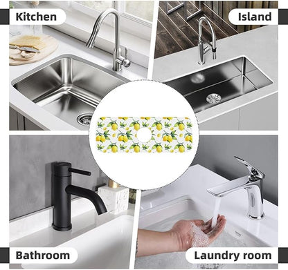 Yellow Lemon Green Leaves Kitchen Sink Splash Guard Faucet Mat Super Absorbent Fast Drying Mat Sink Gadgets-Fast Drying Pad Sink Mat For Kitchen Bathroom (15" X 5.5" )