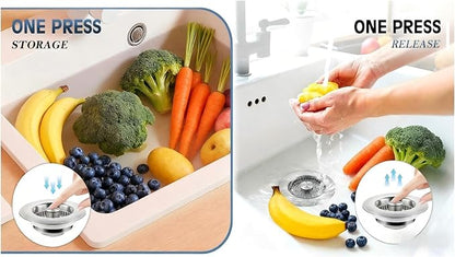 3-in-1 Kitchen Sink Drain Strainer Stopper, 304 Stainless Steel Pop Up Drain Plug, Anti-Clog Odor Prevention Sink Basket, Tool-Free Easy Install, Fits US Standard 3-1/2" Drain Hole, 1 Pack