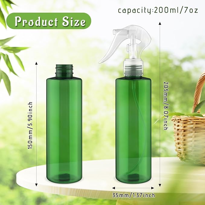 6-Pack 200ml Green PET Plastic Spray Bottles with Clear PP Head Empty Fine Mist Liquid Sprayer Multi-Purpose Atomizer Dispenser for Home,Garden and Beauty