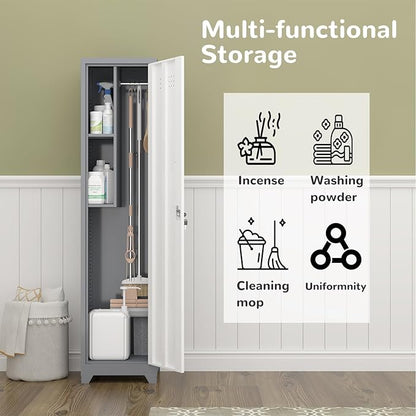 Metal Garage Storage Cabinet,Broom Closet Storage Cabinet,Utility Closet Cabinet for Garage,Office,Gym,Grey-White