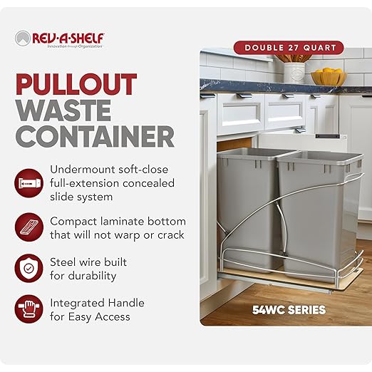 Rev-A-Shelf 27 Qt / 6.75 Gal Steel Bottom Mount Double Pullout Waste Container w/Soft-Close for Base Kitchen Cabinets, Min Opening Width of 11.5", Gray, 54WC-1527SC-17-1