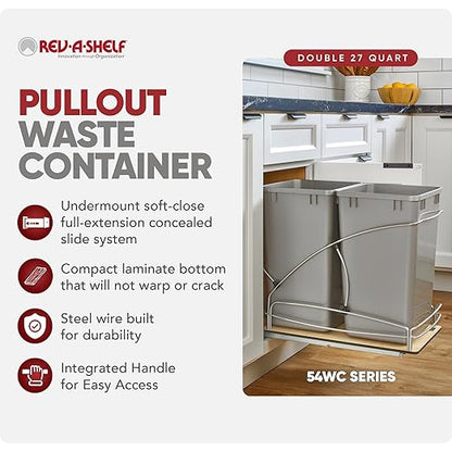 Rev-A-Shelf 27 Qt / 6.75 Gal Steel Bottom Mount Double Pullout Waste Container w/Soft-Close for Base Kitchen Cabinets, Min Opening Width of 11.5", Gray, 54WC-1527SC-17-1