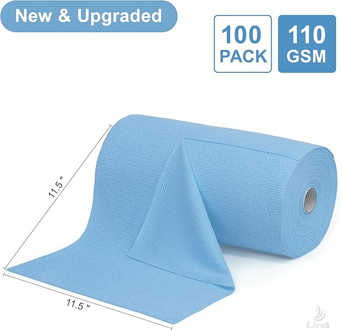 LIVOS Microfiber Cleaning Cloth Roll - 100 Pack, Reusable Paper Towels, Microfiber Towels for Car, Super Absorbent Cleaning Rags for House,Kitchen,Window-Blue, 11.5"x11.5"|Lightweight, Quickly Dry