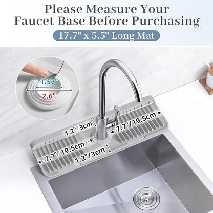 PoYang 17.7 inch Faucet Mat for Kitchen Sink Splash Guard, 7° Slope Silicone Sink Water Splash Guard for Kitchen Sink Area with Snap, Long Sink Protectors for kitchen Sink Sponge Holder, Light Grey