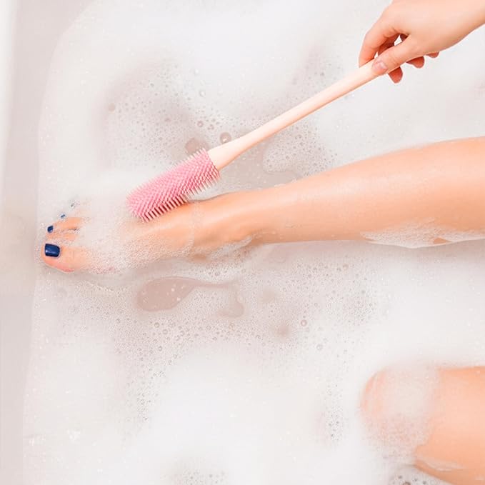 2 Pack Toe Cleaning Brush - Long Handled Portable Silicone Gap Brushes, Soft Rubber Exfoliating Foot Scrubber for Bath Shower, Crevice Gentle Cleaner for Seniors Elderly Men & Women Feet Scrub, Pink