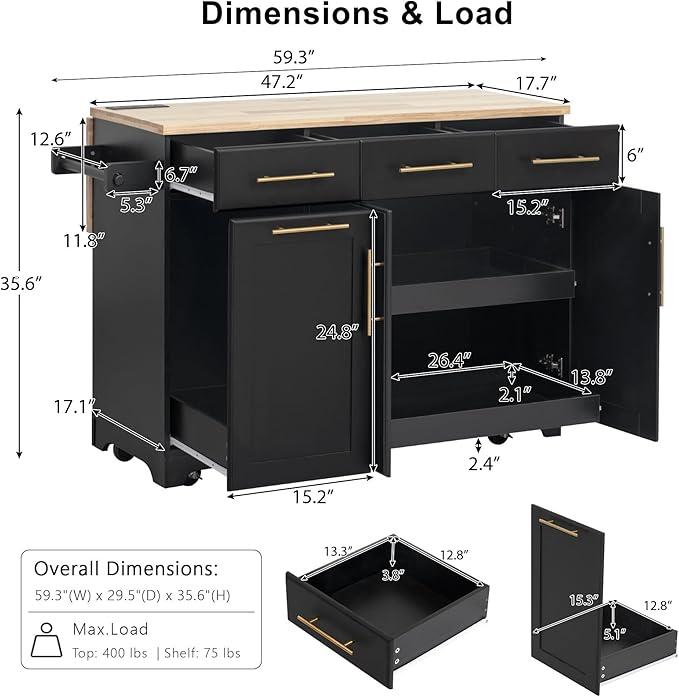 59.3" Kitchen Island with Drop Leaf and Pull Out Trash Can Storage Cabinet, Rolling Kitchen Island Table with Power Outlet, Spice & Towel Rack for Kitchen, Dining, Black