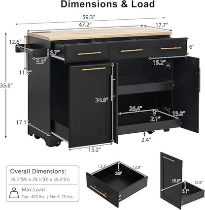 59.3" Kitchen Island with Drop Leaf and Pull Out Trash Can Storage Cabinet, Rolling Kitchen Island Table with Power Outlet, Spice & Towel Rack for Kitchen, Dining, Black