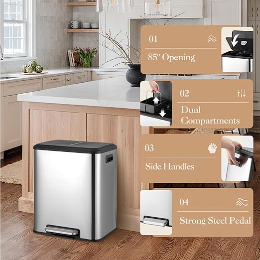 Takywep 8 Gallon / 30 L Dual Compartment Trash Can with Soft Close Lid, Stainless Steel Step-On Garbage Bin with Two Removable Inner Buckets for Kitchen, Office, Bedroom, Modern Rectangular Design