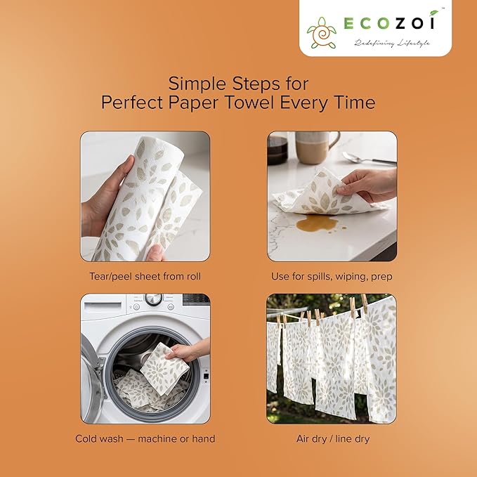 Ecozoi Bamboo Rayon Reusable Towels - 4 Pack | Equivalent to 80 Regular Rolls | 70% Rayon from Bamboo and 30% Cotton Kitchen Paper Rolls | 50 Times More Usage than Regular Paper Rolls