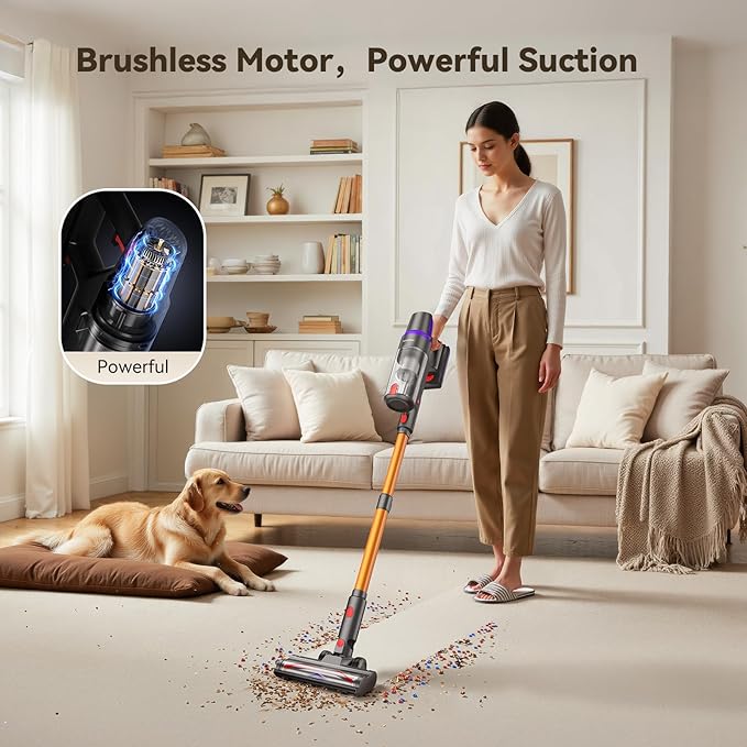 TechRise Cordless Vacuum Cleaner, 500W/45Kpa Stick Vacuum for Home, Anti-Tangle Brush & 8-in-1 Self-Standing, Up to 60Mins Runtime Lightweight with LED Display for Hardwood Floor,Carpet,Pet Hair