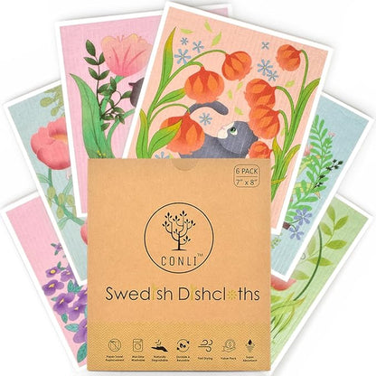 CONLI 6 Pack Swedish Dishcloth Reusable Dish Cleaning Towels Super Absorbent Fast Drying Cloths for Kitchen Cleaning - 6 Assortment Designs (C-Flower CAT)